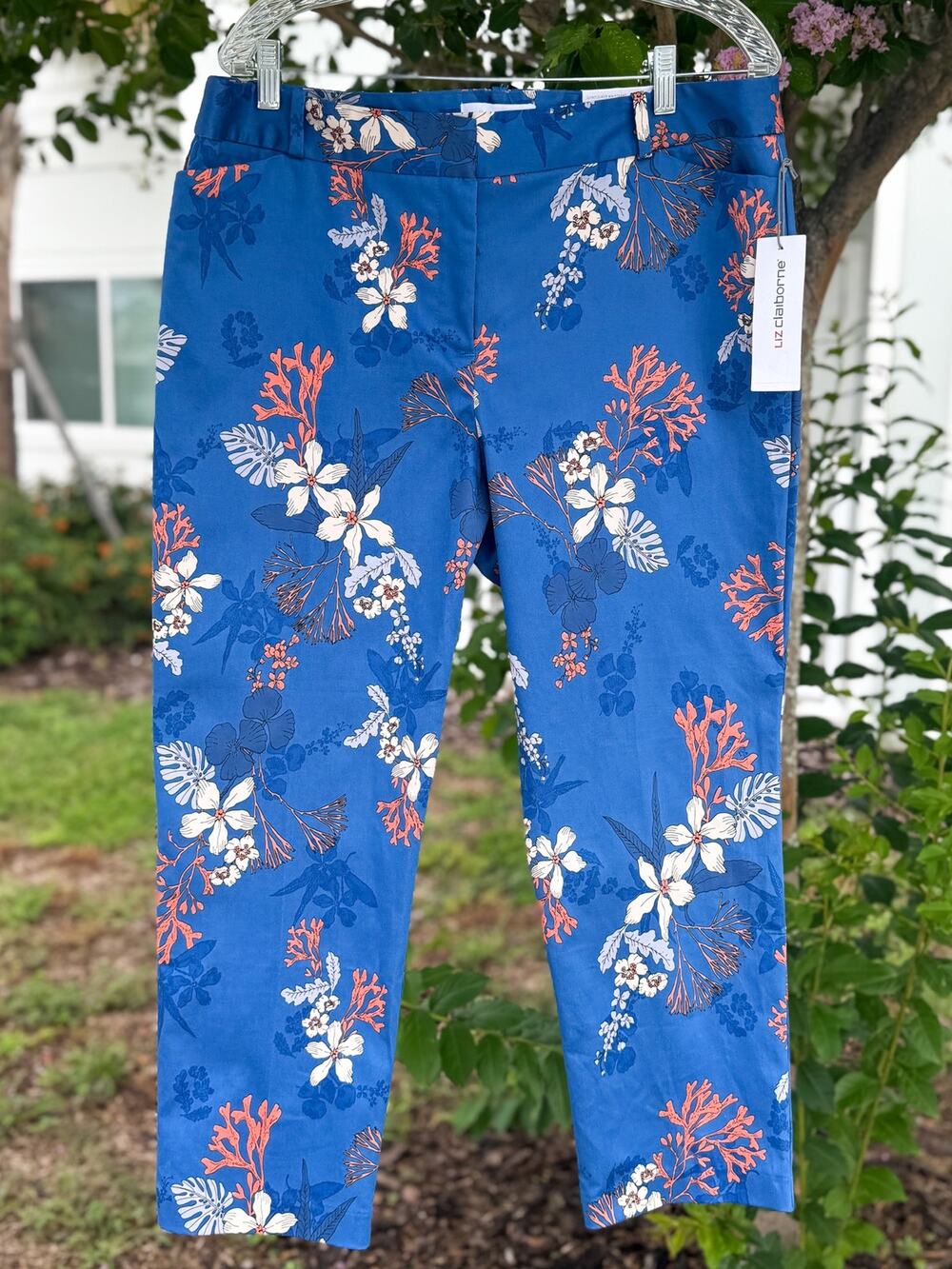 NWT Liz Claiborne Emma Ankle Pants Blue Floral Mid Rise Petite 16P Stretch